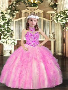 Floor Length Lace Up Little Girls Pageant Dress Wholesale Lilac for Party and Sweet 16 and Wedding Party with Appliques