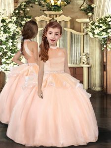Peach Glitz Pageant Dress Party and Military Ball and Wedding Party with Beading Halter Top Sleeveless Backless