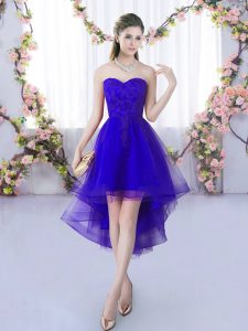 Modest Purple Lace Up Bridesmaid Gown Lace Sleeveless High Low