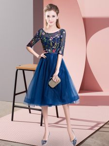 Romantic Navy Blue Bridesmaids Dress Wedding Party with Embroidery Scoop Half Sleeves Lace Up