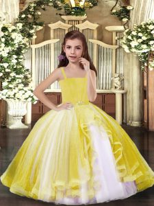 Elegant Floor Length Yellow Little Girl Pageant Gowns Tulle Sleeveless Beading