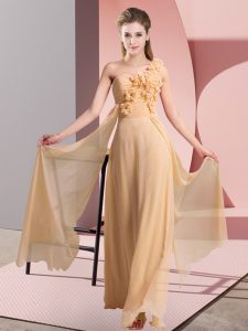 Edgy Peach Sleeveless Floor Length Hand Made Flower Lace Up Bridesmaids Dress