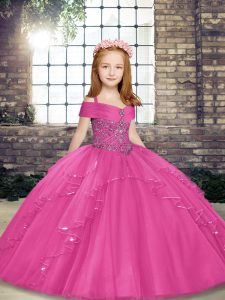 Ball Gowns Pageant Dress for Womens Hot Pink Straps Tulle Sleeveless Floor Length Lace Up