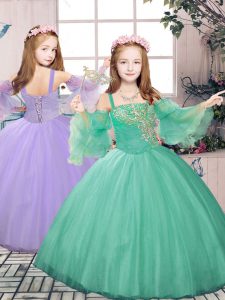 Wonderful Turquoise Straps Neckline Beading and Appliques Child Pageant Dress Sleeveless Lace Up