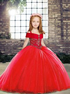 Customized Lace Up Pageant Gowns For Girls Red for Party and Sweet 16 and Wedding Party with Beading Brush Train