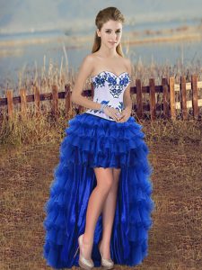 Embroidery and Ruffled Layers Royal Blue Lace Up Sleeveless High Low