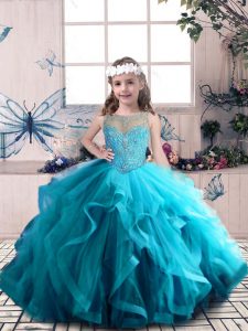 Affordable Blue Scoop Neckline Beading and Ruffles Child Pageant Dress Sleeveless Lace Up