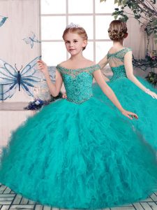 New Arrival Teal Ball Gowns Off The Shoulder Sleeveless Tulle Floor Length Lace Up Beading Pageant Gowns