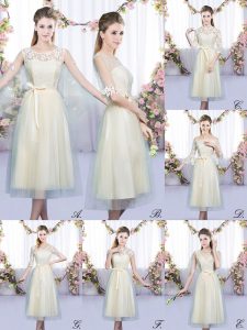 Empire Dama Dress for Quinceanera Champagne Scoop Tulle Sleeveless Tea Length Lace Up