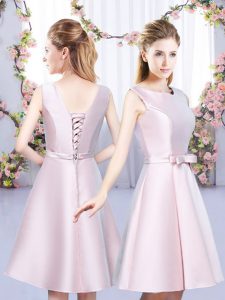 Enchanting Bowknot Bridesmaids Dress Baby Pink Lace Up Sleeveless Mini Length