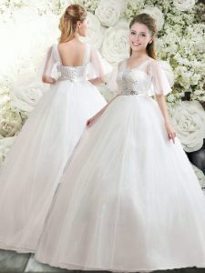 White Straps Neckline Beading and Appliques Wedding Dress Half Sleeves Lace Up