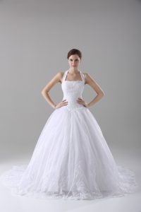 Romantic White Ball Gowns Lace Wedding Dress Lace Up Organza Sleeveless