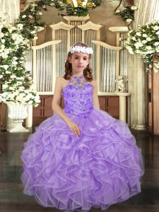 Elegant Halter Top Sleeveless Little Girl Pageant Dress Floor Length Beading and Ruffles Lavender Organza