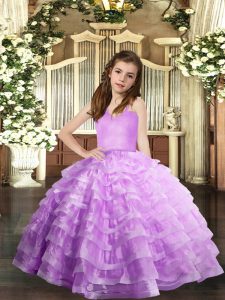 Unique Lavender Little Girl Pageant Gowns Party and Sweet 16 and Wedding Party with Ruffled Layers Straps Sleeveless Lac