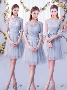 Lace Court Dresses for Sweet 16 Grey Lace Up Half Sleeves Mini Length