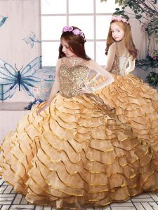 Admirable Gold Sleeveless Beading and Ruffled Layers Lace Up Kids Formal Wear