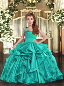 Fantastic Aqua Blue Ball Gowns Straps Sleeveless Organza Floor Length Lace Up Ruffles Child Pageant Dress