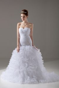 Great Sleeveless Brush Train Lace Up Beading and Ruffles Bridal Gown
