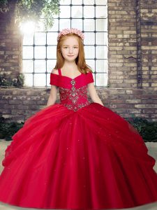 Simple Red Tulle Lace Up Kids Pageant Dress Sleeveless Floor Length Beading