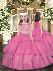 Perfect Pink Zipper Scoop Beading and Ruffled Layers Pageant Dress for Girls Organza Sleeveless