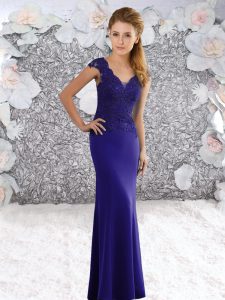 Classical Sleeveless Satin Sweep Train Zipper Prom Evening Gown in Purple with Lace