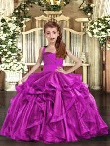 Classical Fuchsia Ball Gowns Organza Straps Sleeveless Ruffles Floor Length Lace Up Little Girls Pageant Gowns