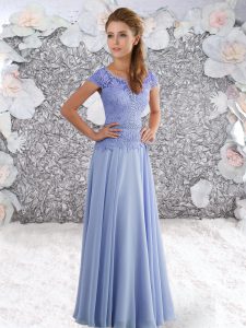 Graceful Lavender Short Sleeves Beading and Lace Floor Length Prom Party Dress