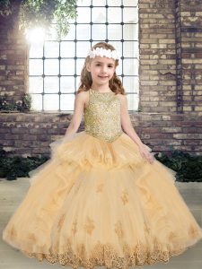 Top Selling Champagne Sleeveless Floor Length Appliques Lace Up Little Girls Pageant Gowns