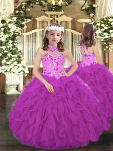 Stunning Sleeveless Lace Up Floor Length Embroidery and Ruffles Pageant Gowns For Girls