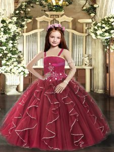 Burgundy Lace Up Little Girls Pageant Gowns Beading and Ruffles Sleeveless Floor Length