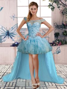 Light Blue Sleeveless High Low Beading and Ruffles Lace Up Evening Dress