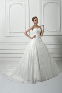 Beading and Lace Bridal Gown White Lace Up Sleeveless Court Train