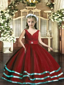 Customized Beading and Ruching Little Girl Pageant Gowns Wine Red Backless Sleeveless Floor Length