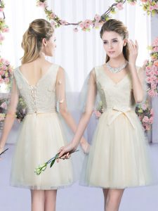 Beautiful Bowknot Bridesmaid Gown Champagne Lace Up Sleeveless Mini Length