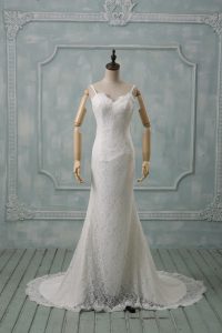 Deluxe White Spaghetti Straps Neckline Lace Wedding Gown Sleeveless Backless