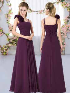 Artistic Dark Purple Empire Hand Made Flower Dama Dress for Quinceanera Lace Up Chiffon Sleeveless Floor Length