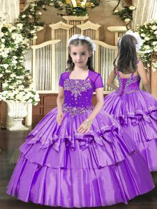 Perfect Sleeveless Floor Length Beading and Ruffled Layers Lace Up Pageant Dress for Teens with Lavender