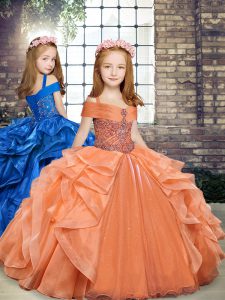 Hot Selling Floor Length Orange Little Girl Pageant Gowns Straps Sleeveless Lace Up