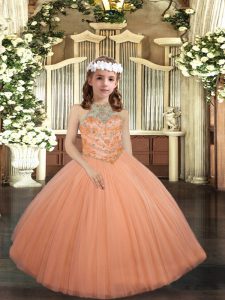 Beading Pageant Dress for Girls Peach Lace Up Sleeveless Floor Length
