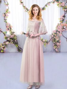 Fabulous Half Sleeves Tulle Floor Length Side Zipper Damas Dress in Pink with Lace and Belt