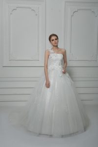 One Shoulder Sleeveless Tulle Wedding Gowns Beading and Lace and Hand Made Flower Brush Train Lace Up