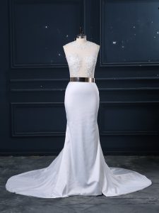 New Arrival White Wedding Dresses Elastic Woven Satin Brush Train Sleeveless Appliques and Sashes ribbons