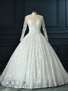 Sumptuous Long Sleeves Beading and Lace Zipper Wedding Dresses with White Brush Train