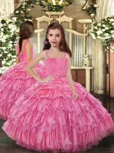 Lovely Ruffled Layers Pageant Gowns For Girls Rose Pink Lace Up Sleeveless Floor Length