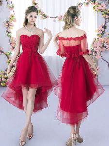 Tulle Sweetheart Sleeveless Lace Up Lace Bridesmaids Dress in Wine Red