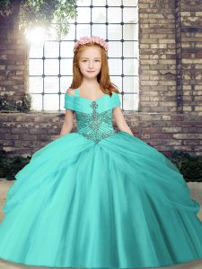 Sleeveless Tulle Floor Length Lace Up Little Girls Pageant Gowns in Aqua Blue with Beading