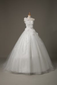 Clearance Tulle One Shoulder Sleeveless Brush Train Lace Up Beading and Lace and Hand Made Flower Wedding Dresses in Whi
