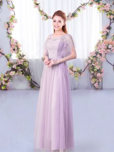 Pretty Lavender Vestidos de Damas Wedding Party with Lace and Belt Scoop Short Sleeves Side Zipper