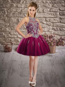 Beauteous Ball Gowns Prom Party Dress Burgundy Halter Top Tulle Sleeveless Mini Length Lace Up