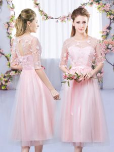 Baby Pink Empire Scoop Half Sleeves Tulle Tea Length Lace Up Lace and Belt Bridesmaids Dress